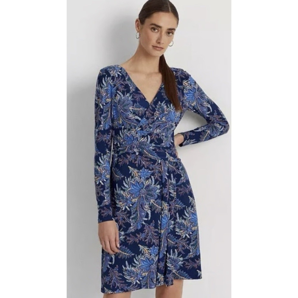 NWT LRL Ralph Lauren Women's 0 Navy Blue Floral Jersey Dress‎ V-Neck Long Sleeve